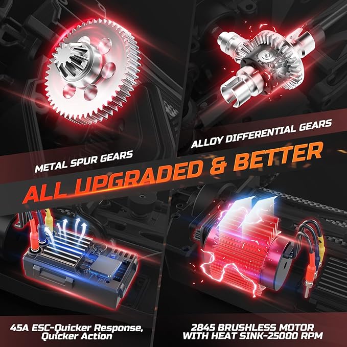 DEERC 200E 1:10 Large 3S Brushless High Speed RC Cars for Adults, 4X4 Fast RC Trucks W/Extra Shell LED Headlight, 60 KM/H, All Terrain Remote Control Car, Offroad Monster Truck for Boys,2 Battery