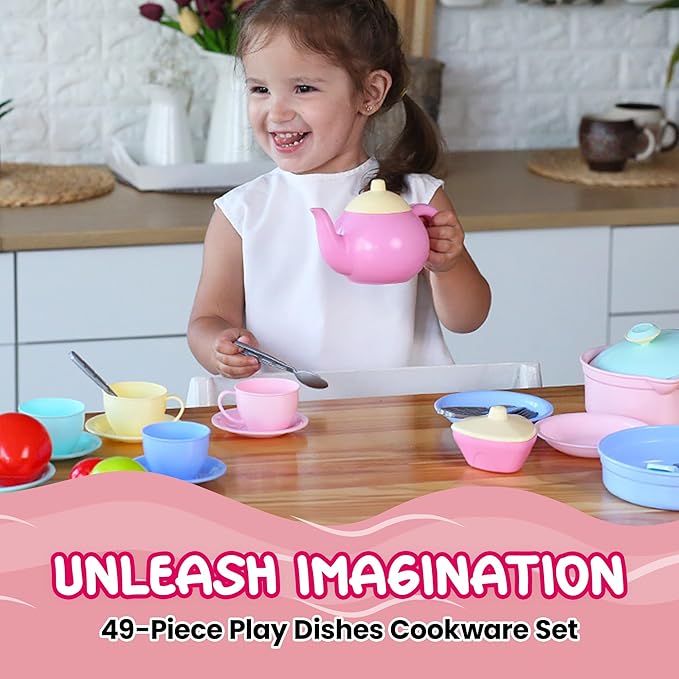 TECHNOK Kids Play Kitchen Accessories - 49 Pcs Play Dishes Cookware Set - Large Toy Pots and Pans for Kids Kitchen Pretend Dishes - Play Food Set - Cooking Utensils - Toy Cooking Set for Girls Boys 3+