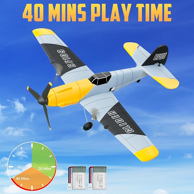 HAWK'S WORK 3 Channel RC Plane BF-109, Remote Control Airplane Ready to Fly, 2.4GHz 6-axis Gyro Stabilizer, Easy to Fly for Kids & Beginners