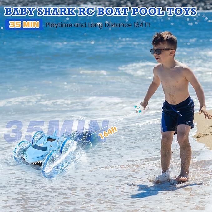 Amphibious Waterproof Remote Control Boat RC Car Monster Truck with Lights 4WD Gesture Hand Controlled Water Beach Pool Toys Kids Gifts for Boys Pool Toys Blue