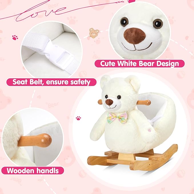 Glow Guards White Polar Bear Rocking Horse with Chair Muical Light up Bear Stuffed Animal for Ages 1-3 Toddlers Kids Babies Ride Toy Birthday Christmas