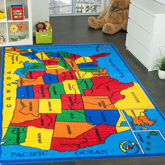 Kids Rug USA Map Area Rug 5x7 (Approx : 4'11" X 6' 10") Non Slip Gel Backing