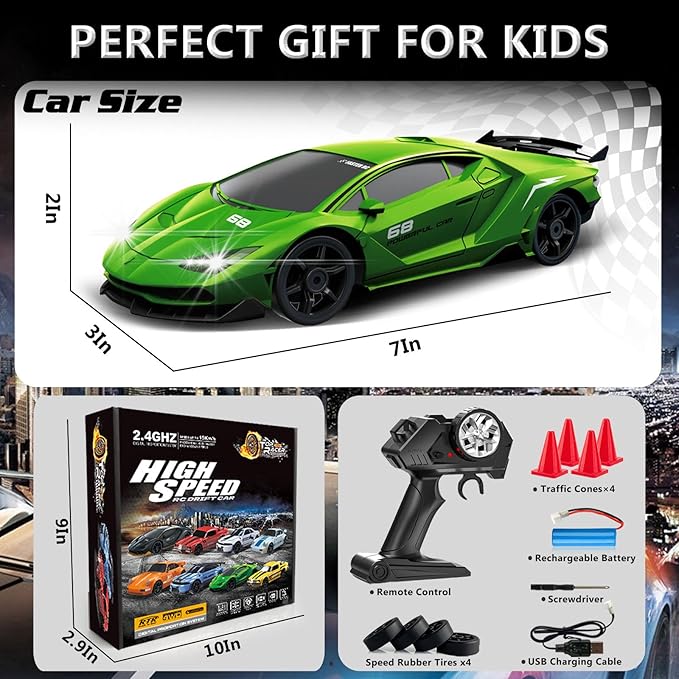 RC Drift Car 1:24 Remote Control Car 4WD 15KM/H High Speed Racing Sport Car with LED Lights RC Cars Toy Cars for Kids Boys Girls Adults Gifts Birthday Christmas Rechargeable Batteries