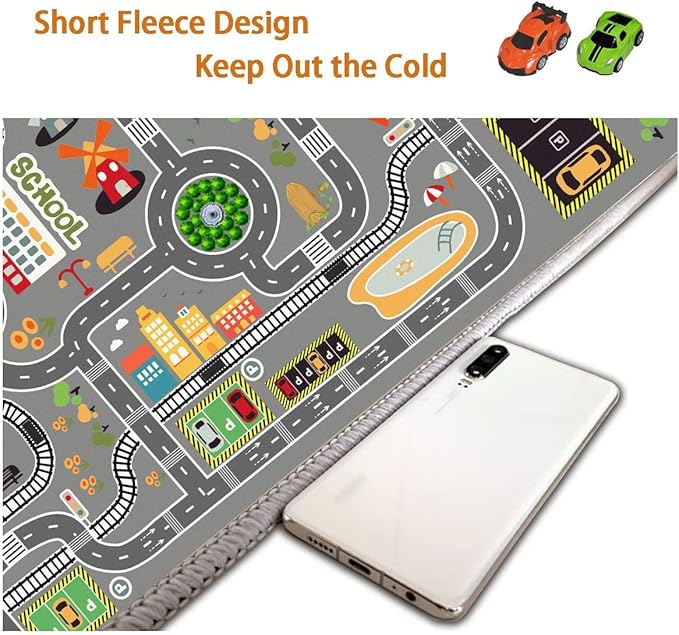Car Rug Play Mat Great for Playing with Cars and Toys, Kid Playroom Carpet with Rubber Backing, Game Area for Baby Toddler Kid Child Educational Learn Road Traffic in Bedroom, Classroom