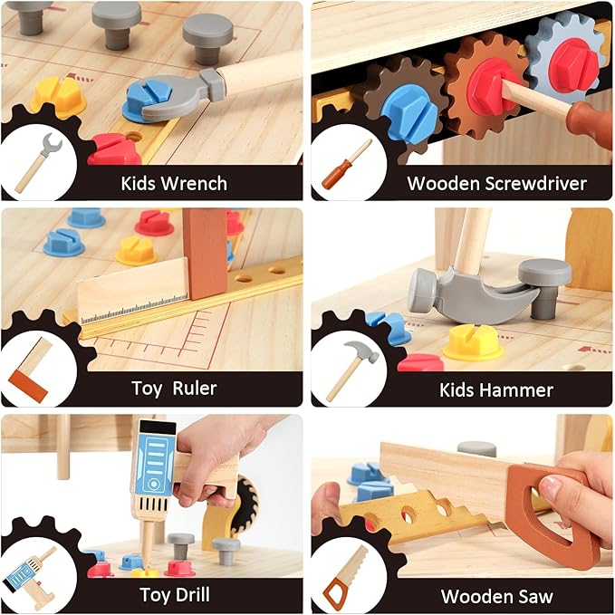 PairPear Wooden Kids Tool Bench, Toddler Workbench with 71 PCS Tool Set, Wooden Toy Play Worshop Toolbox with Drill, Hammer, and Construction Tools, Kids Gift for Boys & Girls 3+ Years Old