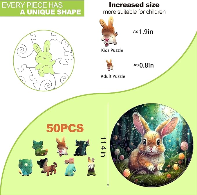WOODBESTS 50 Piece Large Pieces Wooden Puzzles for Kids Ages 4-6, Rabbit Wooden Kids Puzzles (11.4"x11.4") Wooden Jigsaw Puzzles Unique Shape, Birthday Easter Gifts for Kids Family Game