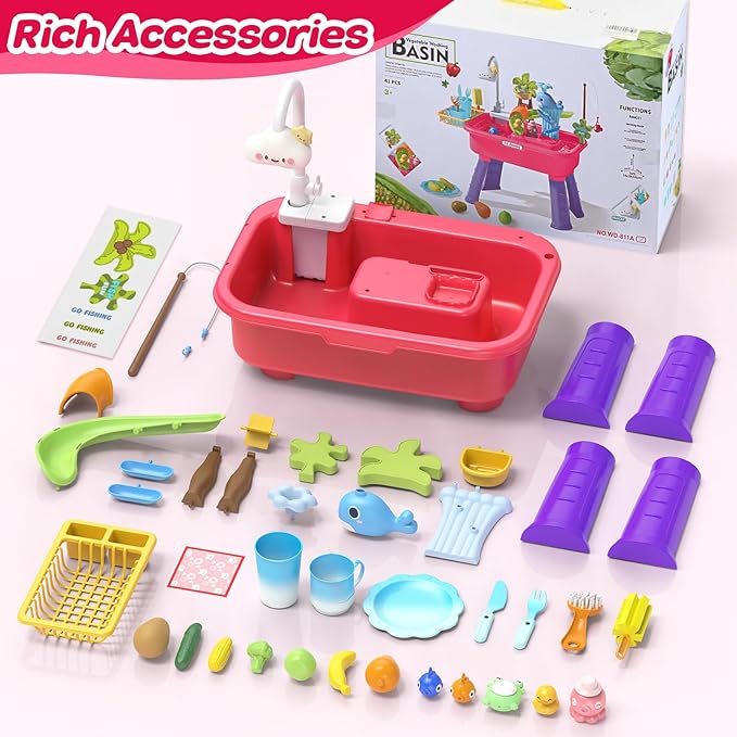 Kitchen Play Sink Toys with Running Water for Kid 4-8,4-in-1 Electric Water Table for Toddlers 1-3 with Water Pump,Animals, Food, Tableware,Color Changing Pretend Role Birthday Toy for Boy and Girl