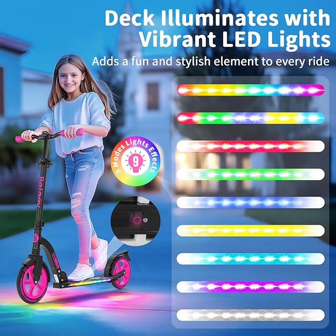 BELEEV V8 Scooters for Kids Ages 6+ with Light-Up Deck, 2 Wheel Folding Scooter for Adults Teens, 4 Adjustable Height, Lightweight Sport Commuter Scooter, Sturdy Frame, Max Load 220 lbs
