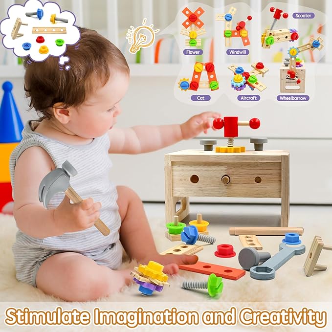 AiTuiTui Wooden Kids Tool Set, 29Pcs Montessori Toddler Toys with Tool Box, Educational Pretend Play Construction Stem Learning Toys for 2 3 4 5 Year Old Boy Girl, 1st Birthday Gifts