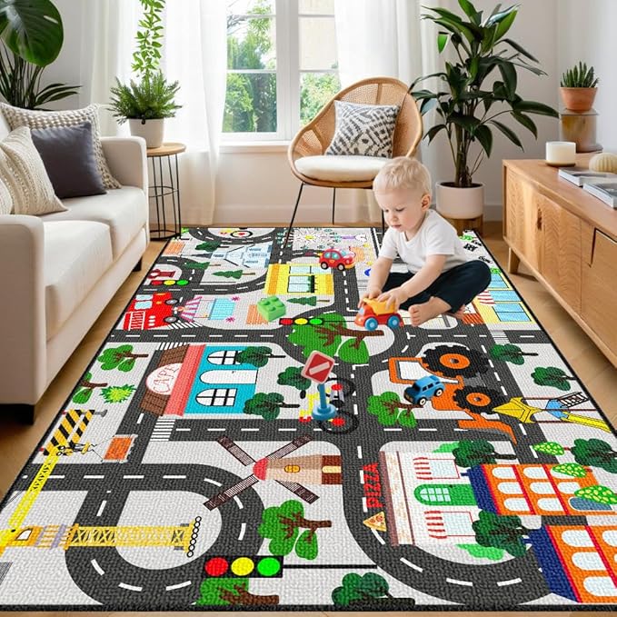 Kids Carpet for Bedroom - Car Rug 4.5x6 Feet, Educational Traffic Carpet Town City Road Map Carpet Kids Rug for Playroom Bedroom Boys, Car Mats for Playroom Classroom