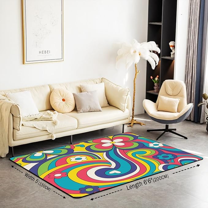 Hippie Boho Floral Rug Colorful Groovy Flower Power Carpet 5'x6'6'' Trippy Spring Garden Botanical Area Rug for Girls Teen Women 60S 70S Theme Bohemian Non Slip Decorative Rug for Bedside