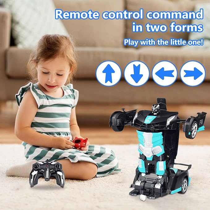 Remote Control Transform Car for Kids,Deformation Car for Boys & Girls 4 5 6 7 8, 2.4Ghz 1:18 RC Transform Robot Toys for Kids, One Button Deformation to Robot with Flashing Light (FM Racing Blue)