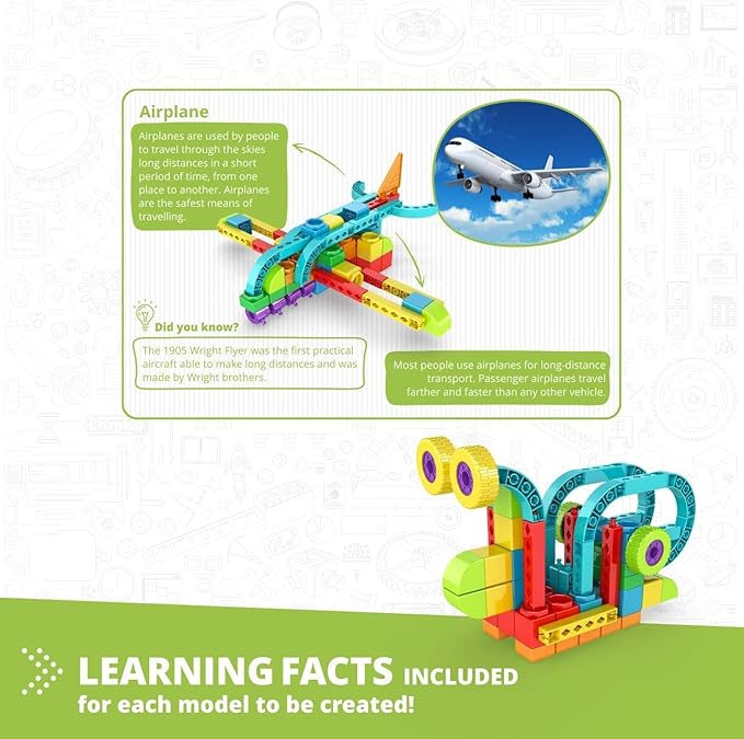 Engino: Qboidz Airplane - 5 Model Brick Building Set, Toy Construction, Coloring & Math Activities, Stack & Click Assembly, STEM Play & Learn, Kids 3+
