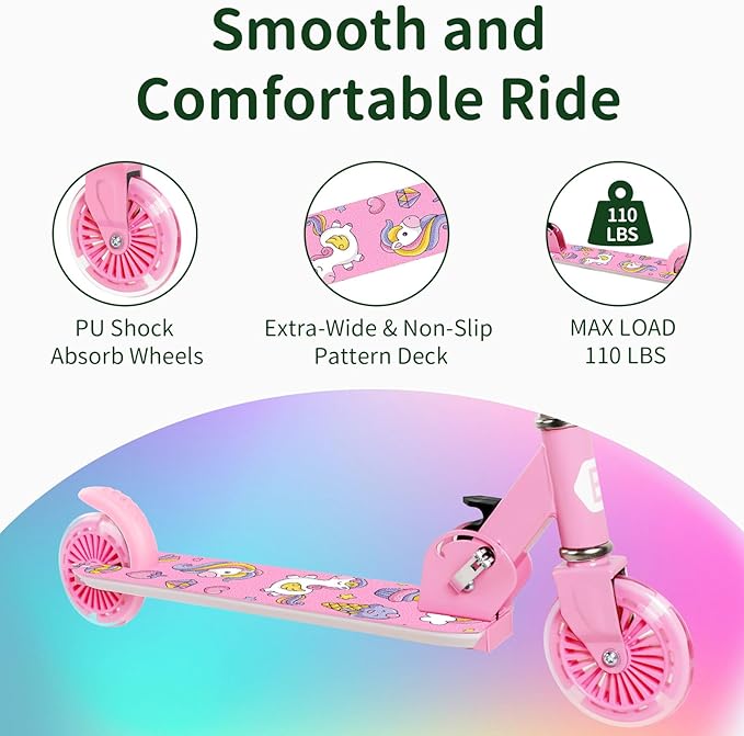 BELEEV V2 Scooters for Kids with Light-Up Wheels & Stem & Deck, 2 Wheel Folding Scooter for Girls Boys, 3 Adjustable Height, Non-Slip Pattern Deck, Lightweight Kick Scooter for Children Ages 3-12