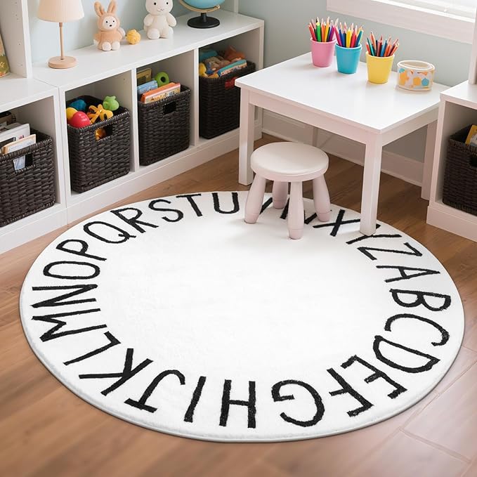 SHACOS Ultra Soft Round ABC Rug 4 Ft Fluffy Washable for Toddlers Baby Crawling Kids Room Playroom Nursery Non Slip Alphabet Educational Classroom Carpet