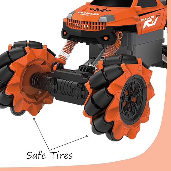 Vaiyer RC Rechargeable, Remote Control Stunt Car for Kids w/ 2-in-1 Interchangeable Toy Bubble Blaster and Water Gun Tops, Rock Crawler Off Road Vehicle w/ 360 Degree Movement (Orange)