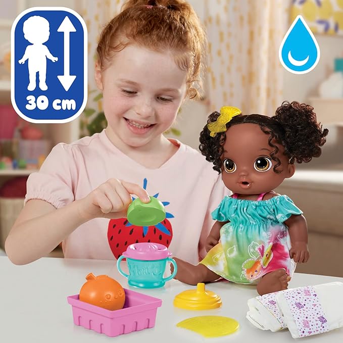 Baby Alive Fruity Sips Doll, Lime, Toys for 3 Year Old Girls, 12-inch Baby Doll Set, Drinks & Wets, Pretend Juicer, Kids 3 and Up, Black Hair