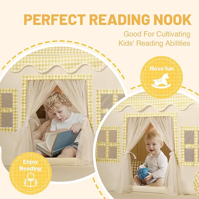 Kids Play Tent Indoor: Mat, Tassel Garland, Star Lights - Yellow Checkered Boys Tent Playhouse for Toddlers Kids Toys for Boy Girl Birthday Gift