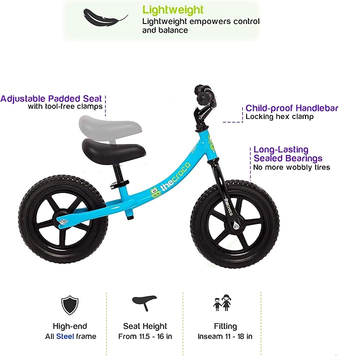The Original Croco Ultra Lightweight and Sturdy Balance Bike.3 Models for 2, 3, 4, and 5-Year-Old Kids. Unbeatable Features. Toddler Training Bike, No Pedal