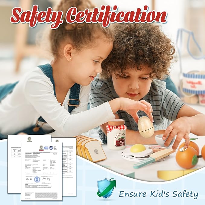 Lehoo Castle Wooden Play Food Set - Montessori Cutting Fruit Egg Bread, Pretend Breakfast Food Toys for Kids Kitchen, Educational Toddler Toys 3-5 Years, with Storage Bag, Birthday Gift for Boys Girls