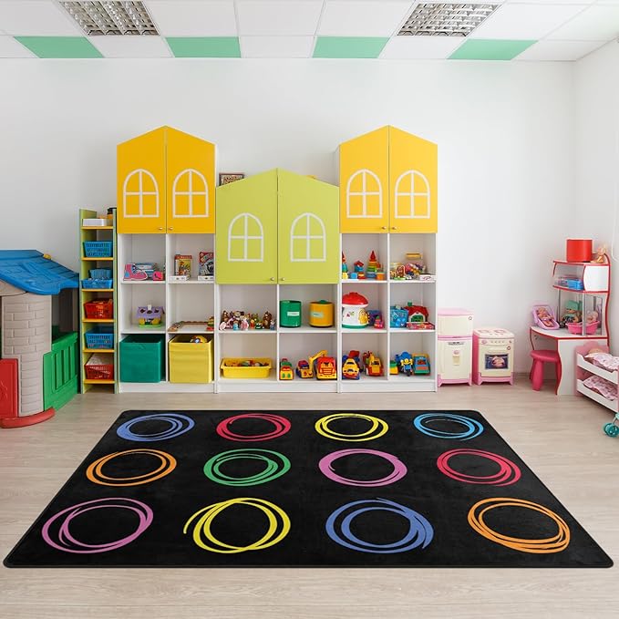 Kids Rug, Classroom Carpets Playmat Rugs, 5x7 Ft Kids Carpet with Rubber Backing, Colorful Circles Children's Classroom Seating Rug Nursery Rugs for Kids Room, Playroom or Elementary, Black, Seats 12
