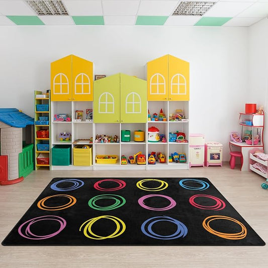 Kids Rug, Classroom Carpets Playmat Rugs, 5x7 Ft Kids Carpet with Rubber Backing, Colorful Circles Children's Classroom Seating Rug Nursery Rugs for Kids Room, Playroom or Elementary, Black, Seats 12
