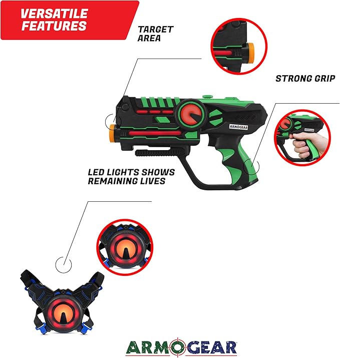 ArmoGear Laser Tag Guns with Vests Set of 4 - Multiplayer Outdoor Games for Kids and Adults - Kids Toys for Indoor/Outdoor Fun - Toy Guns for Boys and Girls - Family Game Set - Ideal Gift for Ages 8+