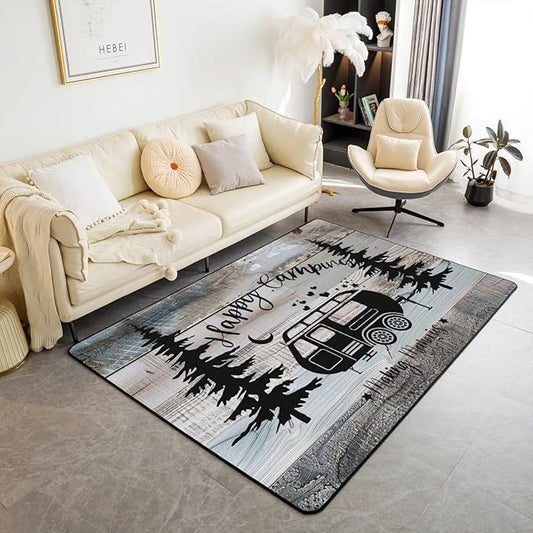 Erosebridal Rustic Farmhouse Style Area Rugs 5x7, Happy Camping Rug for Bedside Camper Carprt for Boys Kids Teens, Black Sketch Drawing Vintage Old Barn Accent Rug