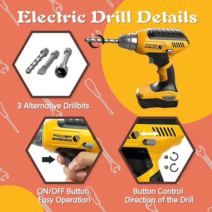 Kids Tool Set with Tool Box & Electronic Toy Drill, Pretend Play Kids Construction Kits, Toy Tools for Toddlers 3-5, Kids Tool Sets for Boys Ages 4-6
