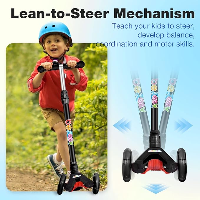 BELEEV A2 Scooters for Kids 3 Wheel Kick Scooter for Toddlers Girls Boys, 4 Adjustable Height, Lean to Steer, Light up Wheels, Extra-Wide Board, Easy to Assemble for Children Gift Sport Toys Ages 3-12