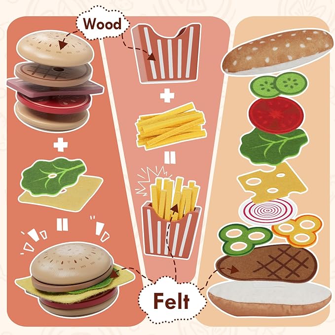 Lehoo Castle Wooden Play Food Sets, Play Hamburger Counter Shop, Toy Food for Toddlers, Play Food Sets for Kids Kitchen, Fake Food Pretend Play for Toddlers 3-5