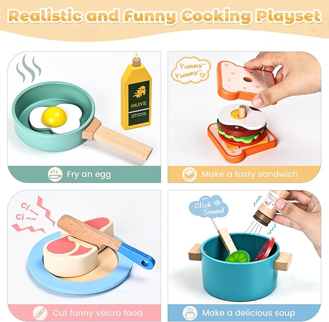 35 PCS Wooden Play Kitchen Accessories, Pretend Play Kitchen Toys for Kids Toddlers, Wooden Play Cooking Set Play Food Cookware Pots Pan Dishes, Gifts for Girls Boy 3 4 5 6 Years Old