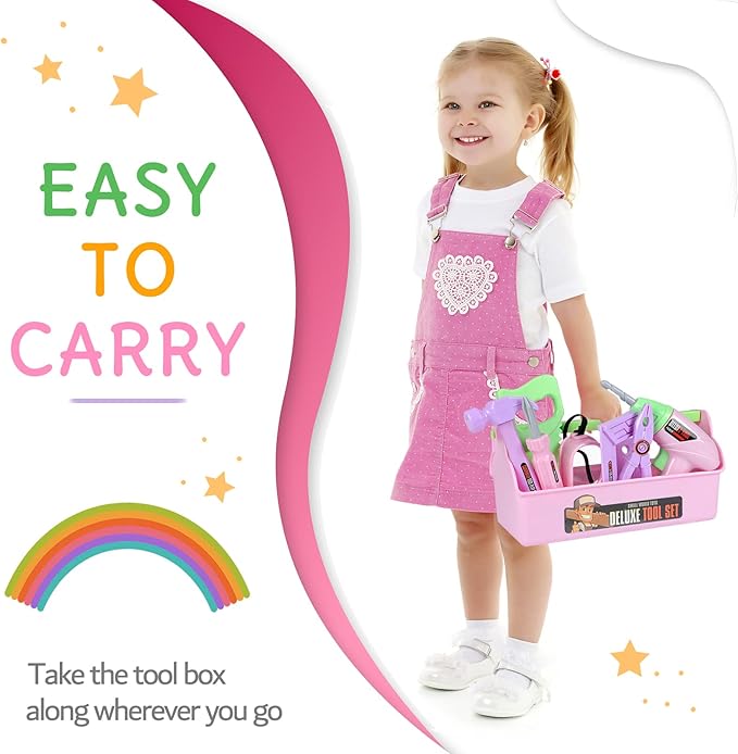 Kids Tool Set - Toddler Tool Playset with Toy Drill, Toy Tool Box, Construction Tools - Pretend Play Toddler Girl Toys Gifts for Toddlers Kids Aged 3 4 5 6 (Pink Tools)