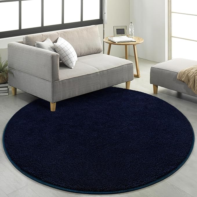 FlyDOIT Round Area Rugs for Bedroom Living Room, 5x5 Navy Blue Super Soft Comfy Thickened Memory-Foam Indoor Circle Carpets, Modern Aesthetic Minimalist Carpet for Boys Girls Adults Nursery Home Décor