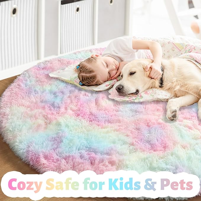 Amdrebio Rainbow Fluffy Round Rug 7Ft Kids Rugs for Girls Bedroom, Unicorn Room Decor, Colorful Pastel Big Large Carpet for Baby Nursery Playroom, Cute Shaggy Kawaii Circle Area Rug for Teen Princess