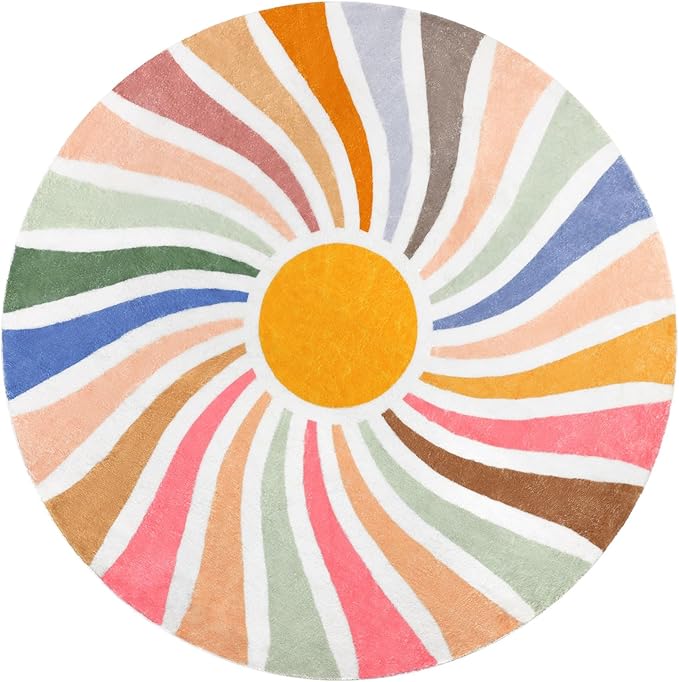 Topotdor Sun Rainbow Round Rug,Colorful Boho Kids Rug Ultra Soft Washable Nursery Rug for Bedroom Perschool Classroom,63" Round