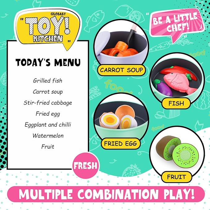 GILOBABY Play Kitchen Accessories, Play Food Sets for Kids Kitchen Playset with Pots and Pans Set, Cooking Utensils, Preschool Learning Education Toys for Toddlers, Birthday Gifts for Girls (Pink)