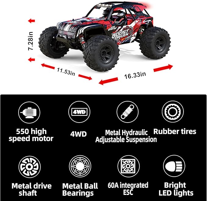 1:10 Large Brush RC Car for Adults, Fast Remote Control Car, 28+ MPH Rc Hobby Truck with Headlights, All Terrain 2.4 Ghz Electric Hobby Rc Cars, 4WD Off Road Monster Truck - White Red