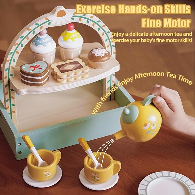 Wooden Tea Party Set for Little Girls,Kids Tea Set with Cookies & Cake Stand, Play Kitchen Accessories Wooden Pretend Play Food Toys for Girl Boy Birthday Gift