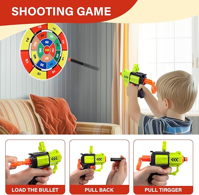 Double-Sided Light Up Dart Board Shooting Game for Kids, 29 Inches Standing & Hanging Toy Set with 2 Toy Guns 20 Soft Foam Bullets 6 Sticky Balls, Indoor Outdoor Games Fun for 3-5 Year Old Boys Girls