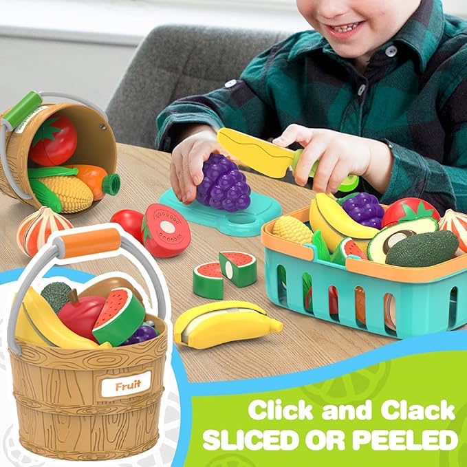 Sorting Play Food Sets - 2 Buckets with Handle, 1 Storage Basket, Fruit&Vegetable Cutting Food Toy, Pretend Fake Kids Kitchen Accessories for Preschool Learning,Birthday Gifts for Toddler Educational