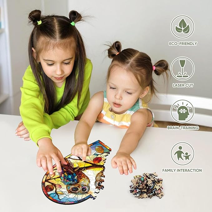 Stained Glass Heart Owls 500 Pieces Wooden Puzzles for Adults Unique Irregular Shape Fun Challenging Birds Puzzles for Kids and Couples on Birthday,Mother’s Day,Christmas 16.7"x16.5"