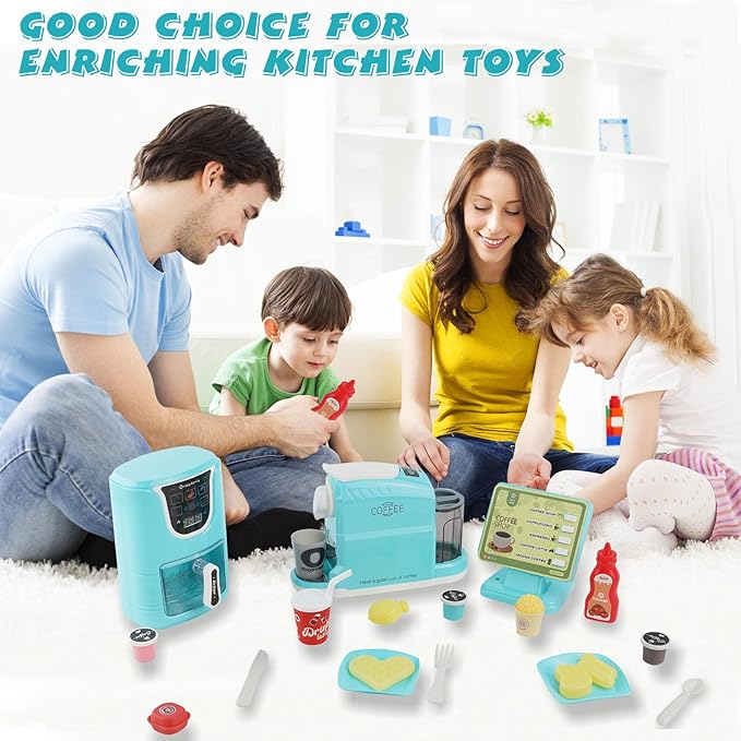 Toy Air Fryer and Coffee Maker Kids Play Kitchen Playset Accessories, Pretend Play Kitchen Toy ,Coffee Shop, Kitchen Toys for 3-8 Year Old Girls Boys Gifts