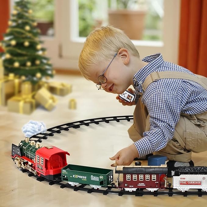 FANL Train Set with Remote Control - Christmas Train Toys - Steam Locomotive Engine, Cargo Car and Train Tracks - Rechargeable Electric Train Toy Gift Toys for Age 3 4 5 6 + Kids.