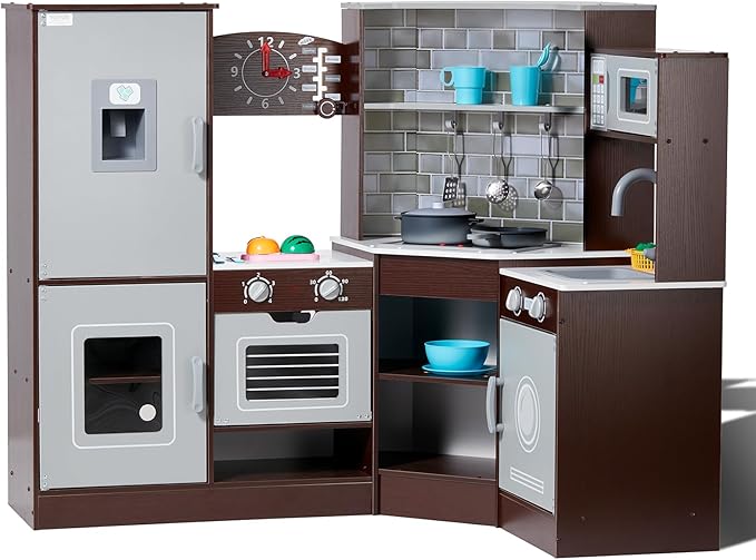 VEVOR Interactive Wooden Toy Play Kitchen Playset for Kids with Lights and Sounds, Corner Design with Ice Maker, Oven, Sink, Clock, Microwaves, Refrigerator and Accessories, for Girls & Boys, Brown