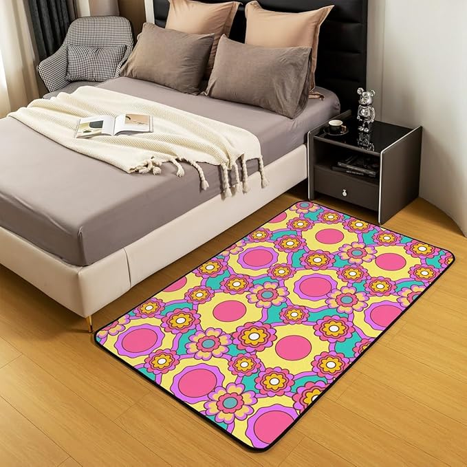 Erosebridal Girls Pink Psychedelic Flower Decorative Rug Groovy Floral Area Rug 4x5,Hippie Aesthetic Geometric Abstract Vintage Botanical Gold Teal Non Slip Accent Rug Set for Bedside