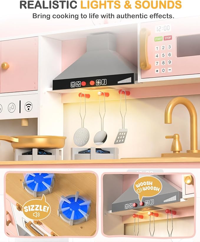 Babytronic Wooden Play Kitchen Set, Pretend Play Kitchen with Lights and Sounds for Kids Ages 3+, Includes Stove, Oven, Microwave, Coffee Maker, and Accessories, Toy Kitchen Set for Toddlers (Pink)