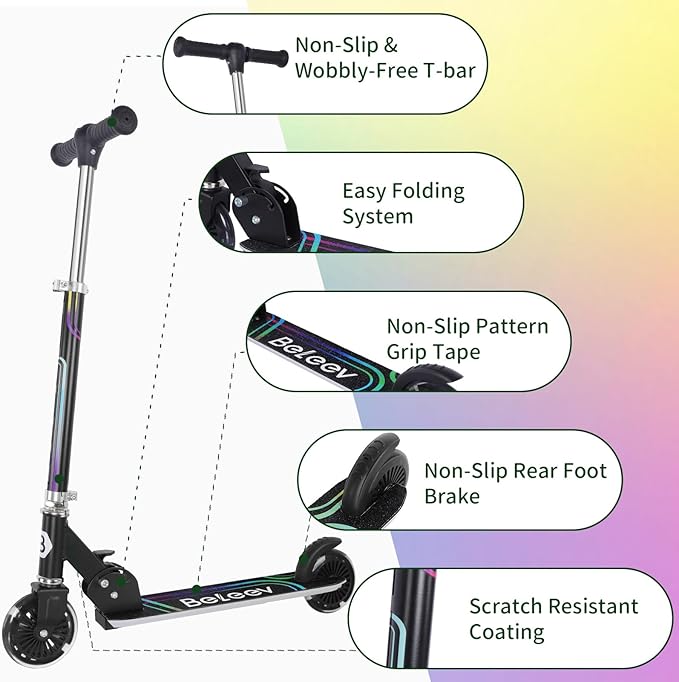 BELEEV V2 Scooters for Kids with Light-Up Wheels & Stem & Deck, 2 Wheel Folding Scooter for Girls Boys, 3 Adjustable Height, Non-Slip Pattern Deck, Lightweight Kick Scooter for Children Ages 3-12