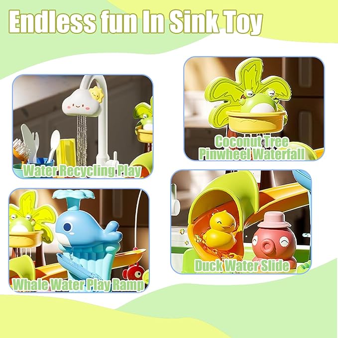 Kids Play Sink with Running Water & Electric Faucet, 4-in-1 Kitchen Sink Toy with Fishing Game, Pretend Play Kitchen Toy Accessories, Role Play Dishwasher Toys for Toddlers Boys Girls Green