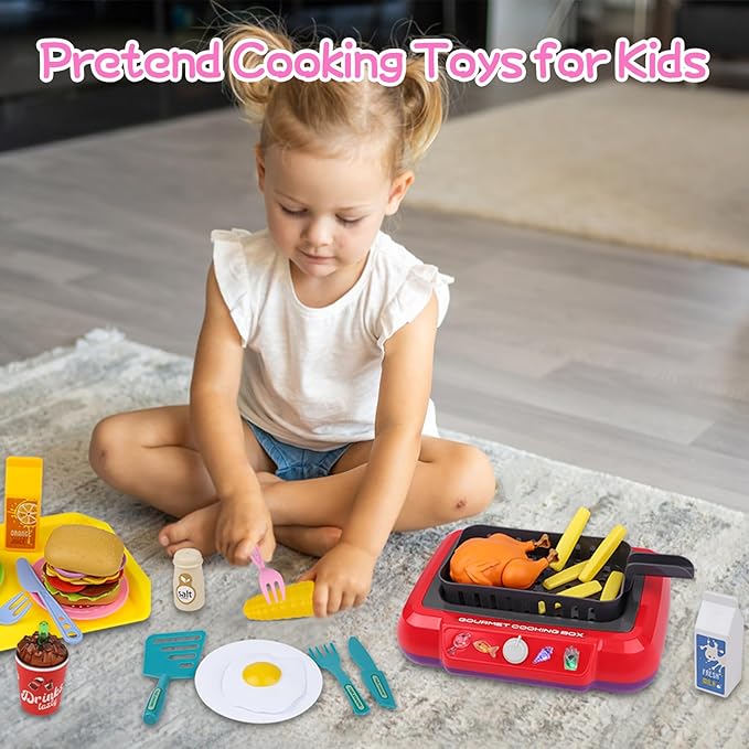 Gifts2U Kids Frying Kit Kitchen Cooking Playset, 48 PCS Toddler Pretend Play Store Toys with Color Changing Play Food, Simulator Kitchen Accessories Set DIY Toy Learning Gift for Girls Boys
